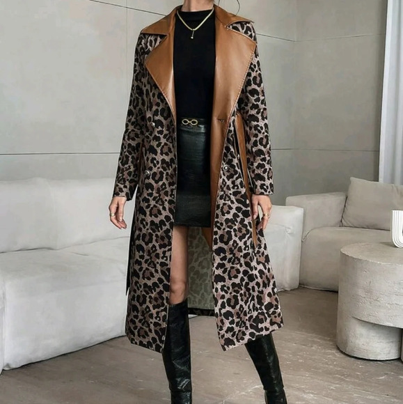 Women's Autumn Colorblock Stand Collar Leopard Print Long Sleeve Long Jacket - Picture 5 of 6